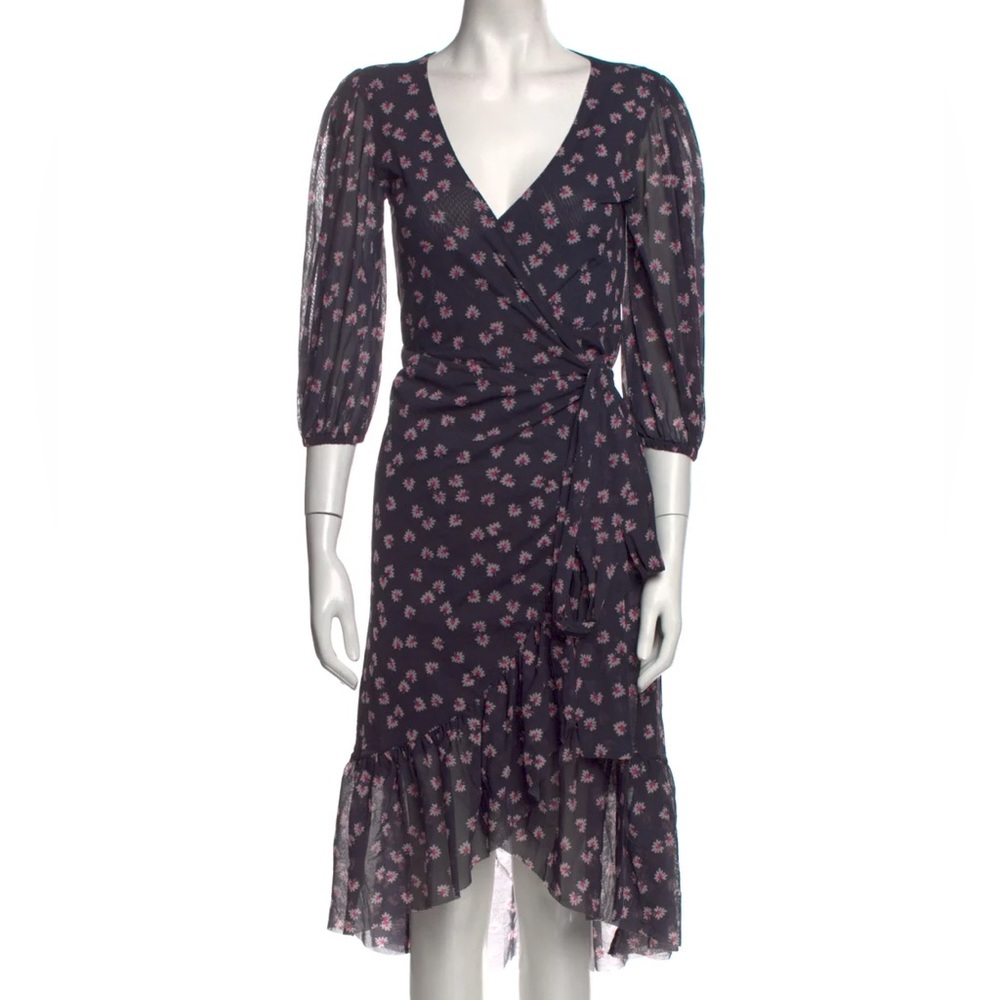 GANNI scoop neck, high low, midi, floral wrap dress, SIZE 34